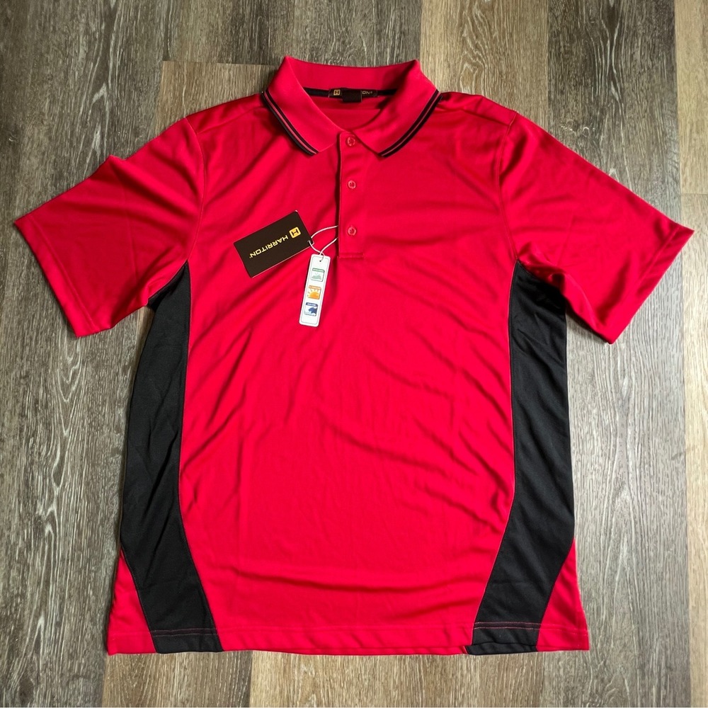Harriton Polo Shirt Mens Large Red Black Colorblock Performance Short Sleeve